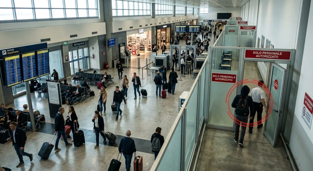 Varco aeroportuale riservato al personale autorizzato, con una persona rilevata automaticamente in area non consentita
