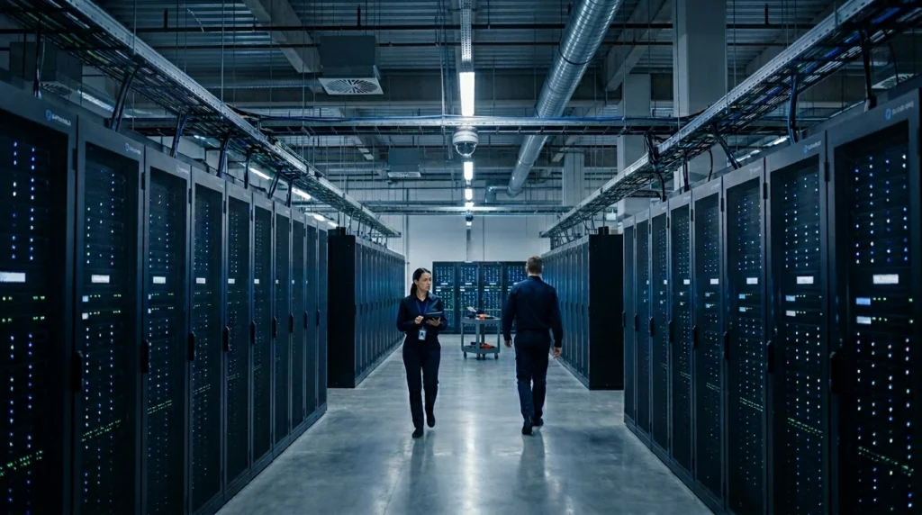 Corridoio di un data center percorso da due addetti