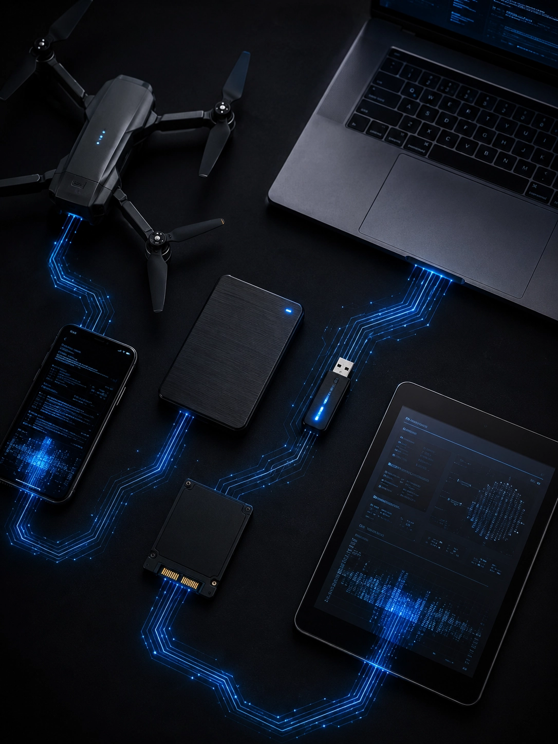Drone, laptop, smartphone, tablet e supporti di memoria collegati da tracce luminose