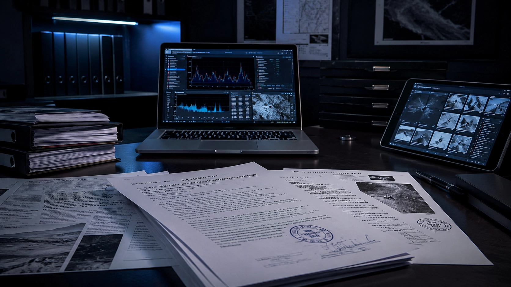 Perizia stampata e timbrata accanto a un laptop con grafici e a un monitor con fotogrammi in analisi
