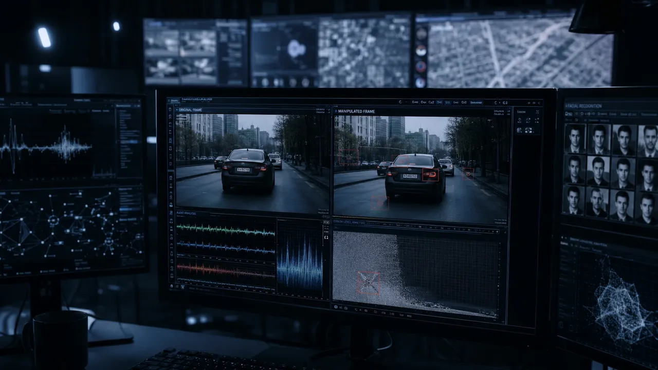 Console di analisi multimediale: confronto tra frame originale e frame manipolato con riquadri di rilevamento, analisi audio, error level analysis e riconoscimento facciale