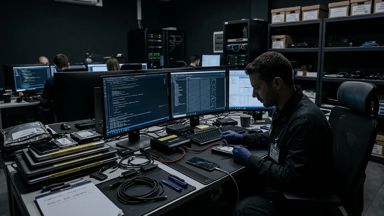 Operatore con guanti in nitrile analizza un hard disk collegato a un write blocker, accanto a reperti sigillati ed etichettati nel laboratorio forense ICTLab