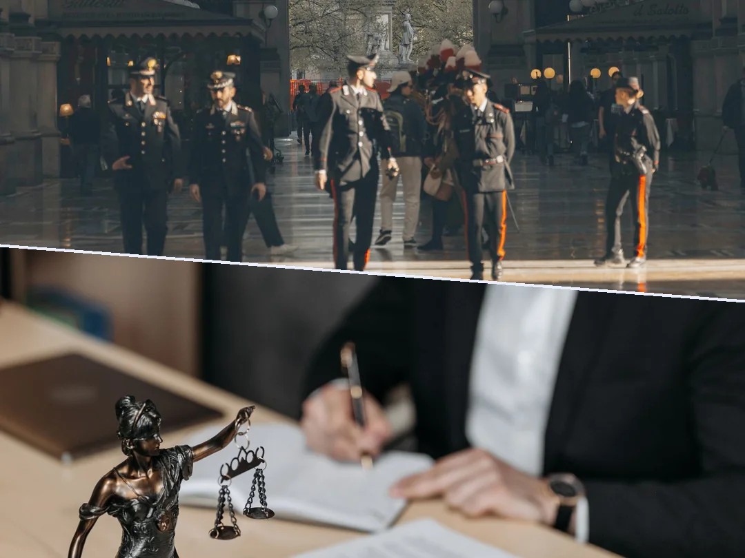 In alto carabinieri in servizio nella Galleria Vittorio Emanuele, in basso un avvocato al lavoro sugli atti accanto alla statua della Giustizia