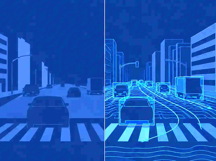 Strada divisa a metà: a sinistra la ripresa, a destra la stessa scena ricostruita in wireframe con i veicoli riconosciuti